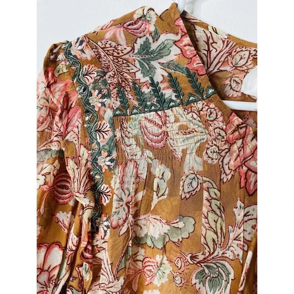 By Anthropologie Pullover Blouse XLP Sheer Floral Flowy Boho Tassels Tie Neck - Picture 2 of 12